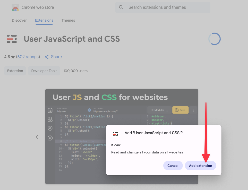 Clicking the "Add extension" button
