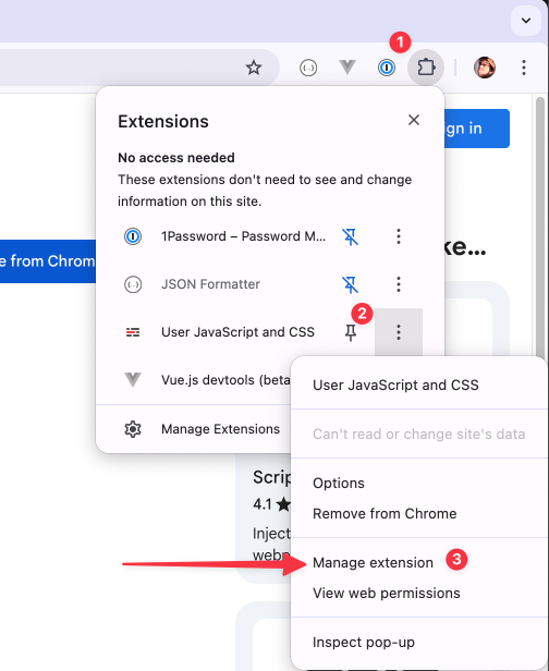 Clicking the "Manage extension" action in the Chrome toolbar.