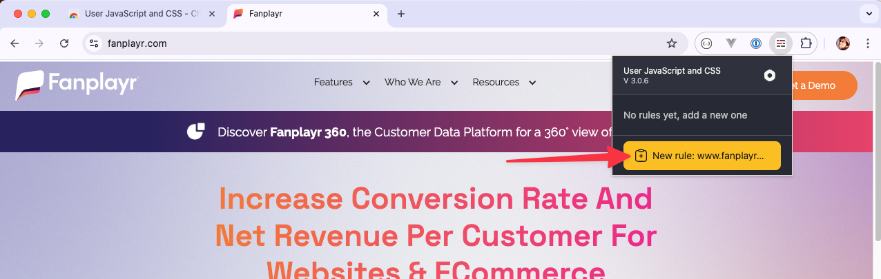 Clicking the "New Rule" button in the extension panel.