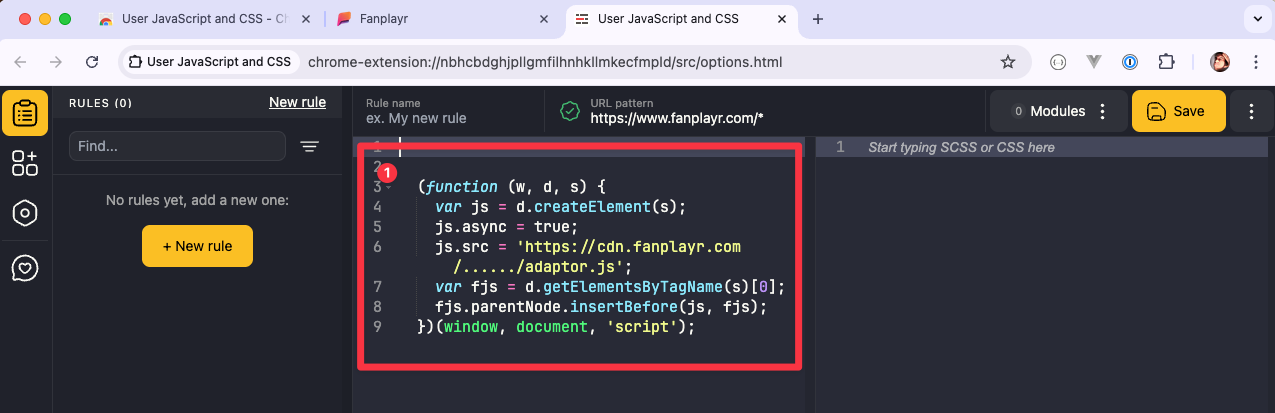 Pasting JavaScript tag code into the rule.