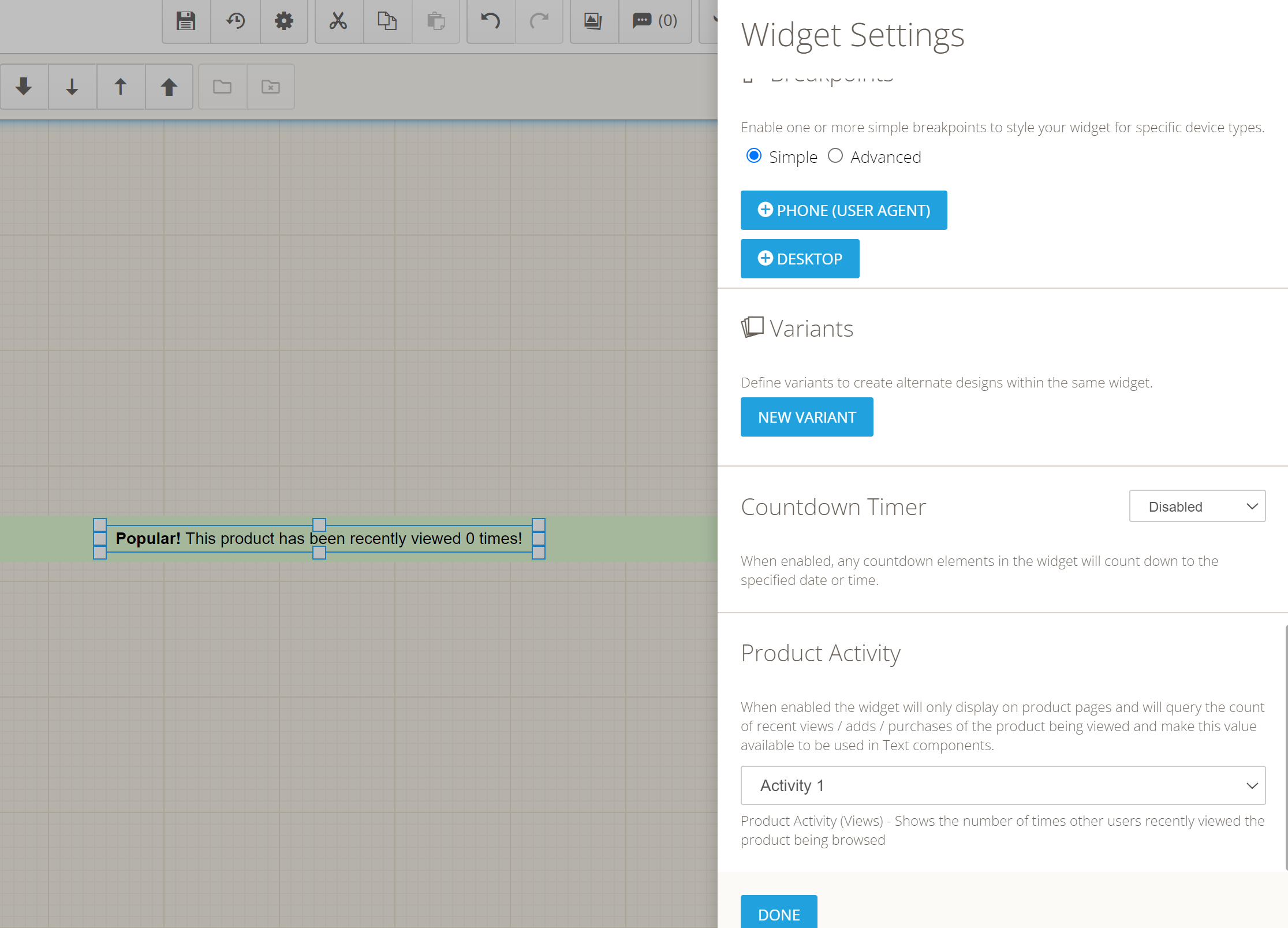Figure 5: Product Activity Settings in Creative