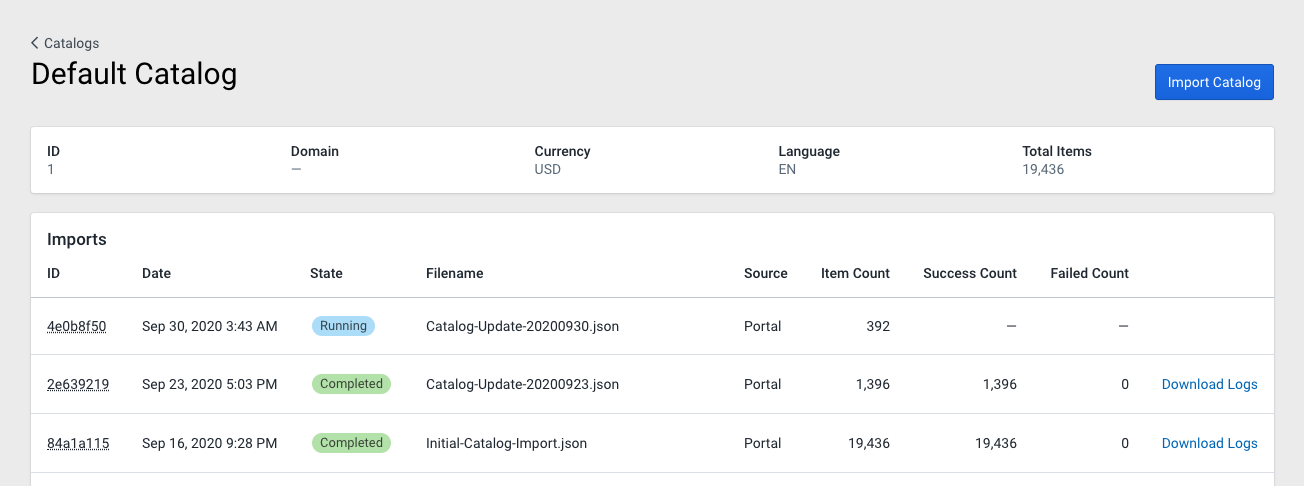 List of catalog imports including full initial import, an completed update and an in-progress update.