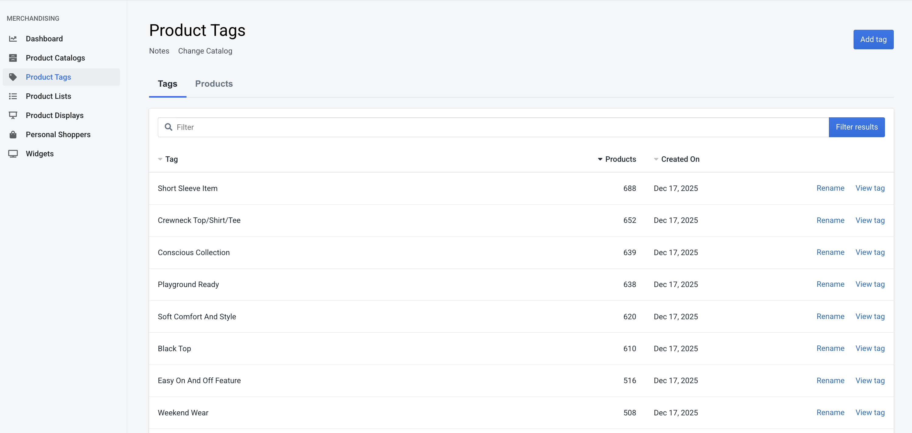 Product Tags List View