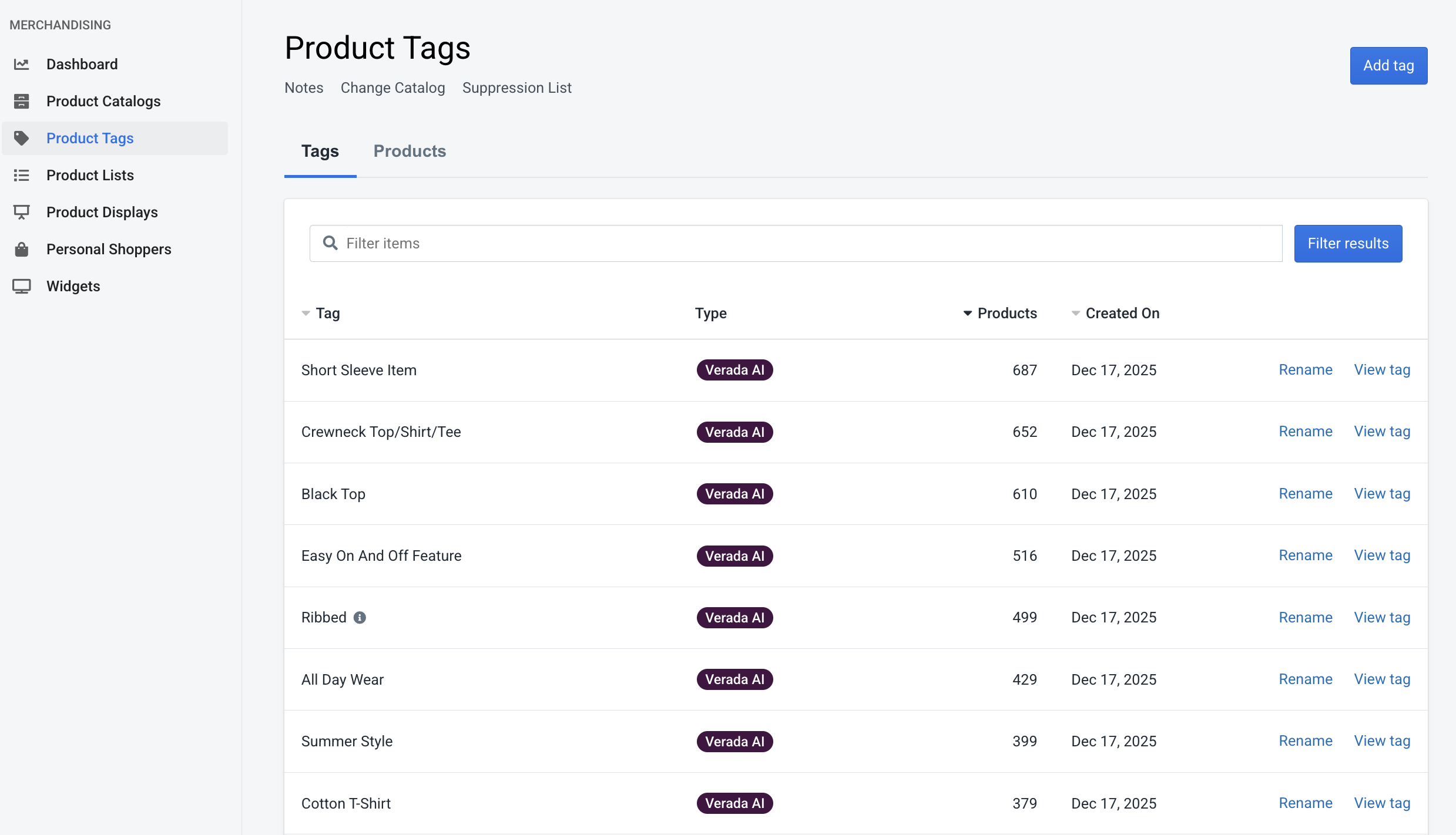 Product Tags List View