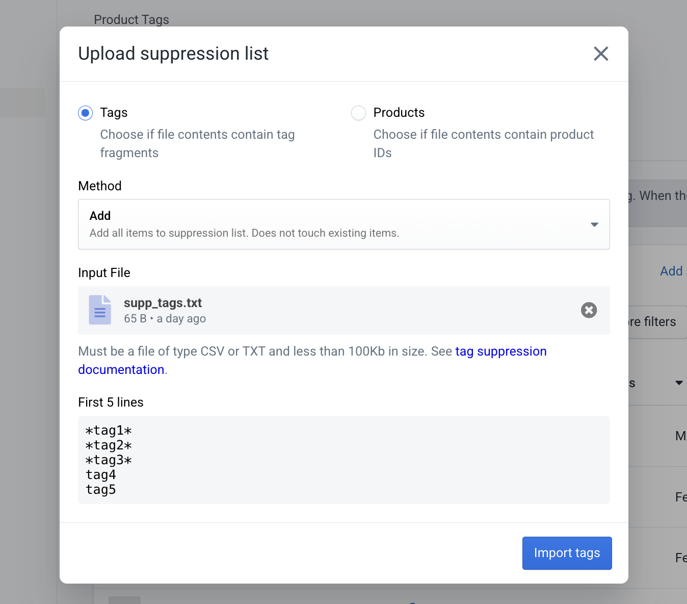Uploading suppression list